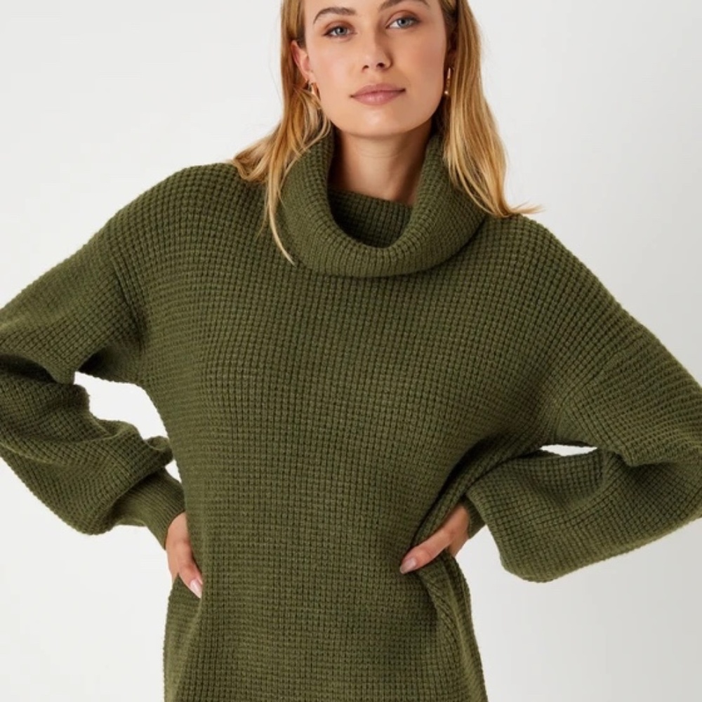 Olive Green Turtleneck Knit Dress - Women's Sweater Dress